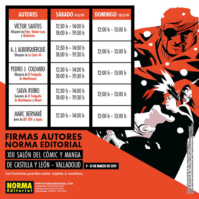 XIII Salón del Cómic y Manga de Castilla y León. Horarios autores NORMA Editorial